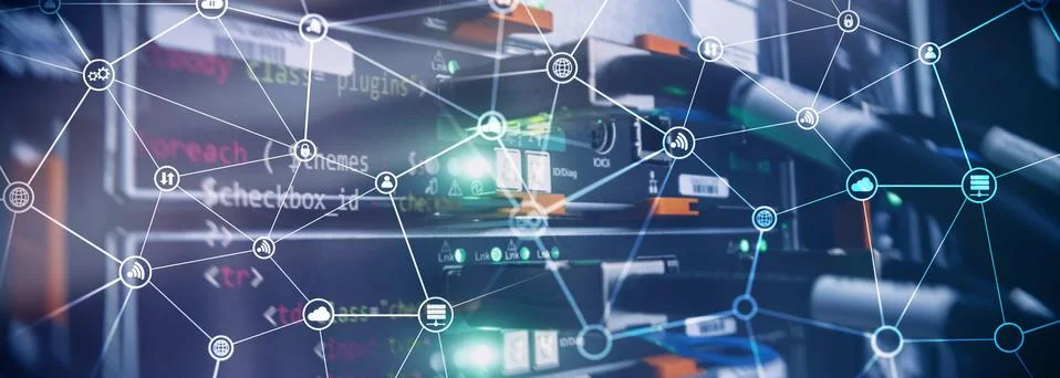 Telecommunication concept with abstract network structure and server room bac Stock Photos
