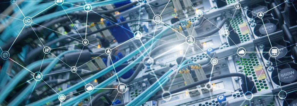 Telecommunication concept with abstract network structure and server room bac Stock Photos