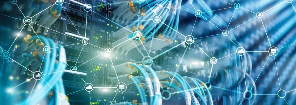 Telecommunication concept with abstract network structure and server room Stock Photos