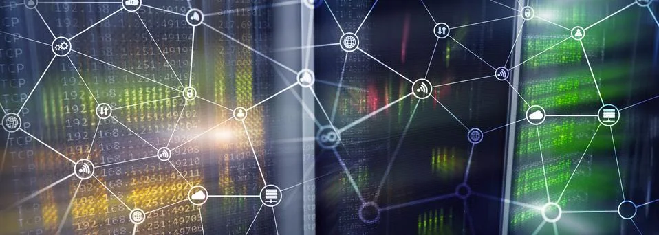 Telecommunication concept with abstract network structure and server room Stock Photos