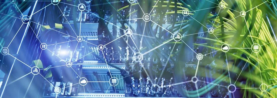 Telecommunication concept with abstract network structure and server room Stock Photos