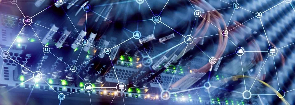 Telecommunication concept with abstract network structure and server room Stock Photos