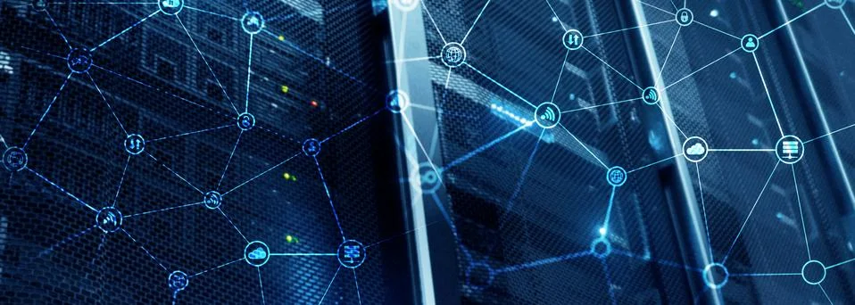 Telecommunication concept with abstract network structure and server room Stock Photos