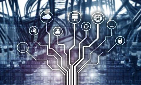 Telecommunication concept. Binary code Illustration on large data center イラスト素材
