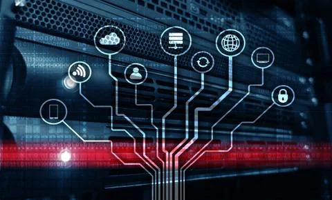 Telecommunication concept. Binary code on large data center background Stock Illustration