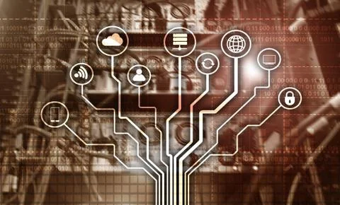 Telecommunication concept. Binary code on large data center background Stock Illustration