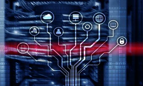 Telecommunication concept. Binary code on large data center background 스톡 일러스트