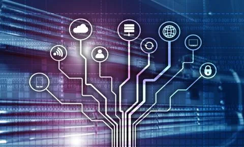 Telecommunication concept. Binary code on large data center background イラスト素材