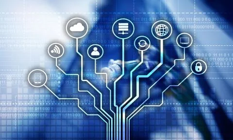 Telecommunication concept. Binary code on large data center background 写真素材