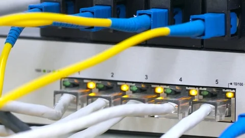 Telecommunication equipment of network cables in a datacenter  Stock Footage 83828795