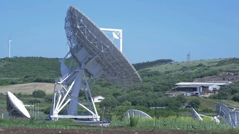 Telecommunication parabolic dish antenna complex 4k Video stock 76032328