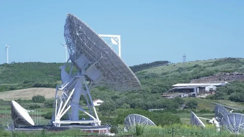 Telecommunication parabolic dish antenna complex 4k Video stock 76032432