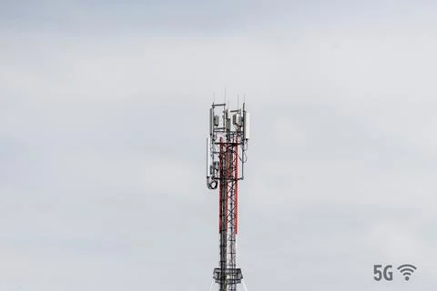 Telecommunication tower with 4G, 5G transmitters. concept of radio emission and Stock Photos