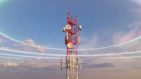 Telecommunication tower with 5G technology, animated digital wireless signal Video stock 156852693