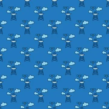Telecommunication Tower and Satellite vector concept blue seamless pattern Stockillustratie