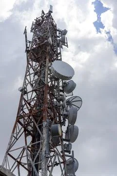 Telecommunication tower transmitting global network signals on Mount Pantok.. Stock Photos