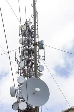 Telecommunication tower transmitting wireless signals on Mount Pantokrator .. Stock Photos