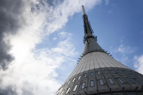 Telecommunication transmitters tower on Jested, Liberec, Czech Republic Stockfoto's