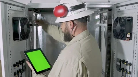 A telecommunications engineer working on a digital tablet with green screen Stock Footage 156065666