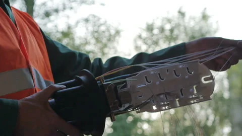 Telecommunications engineer works with data cable Stock Footage 89232265