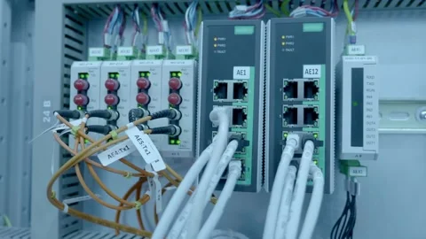 Telecommunications equipment with Internet traffic controllers and multiple wire Stock Footage 330875703