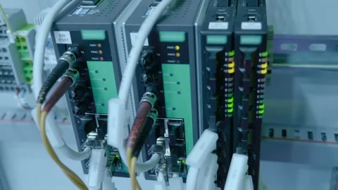 Telecommunications equipment with Internet traffic controllers and multiple wire Stock Footage 330889795