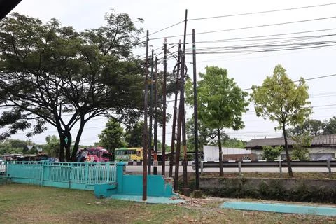 Telecommunications poles stand in disarray Stock Photos