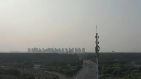Telecommunications Tower in the city Stock Footage 140071299