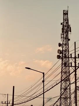 Telecommunications Tower at Sunset Stock Photos