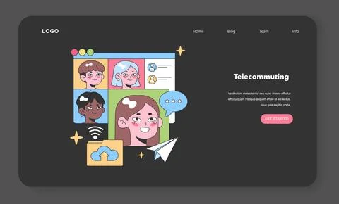 Telecommuting concept with a diverse team engaged in a virtual meeting. Sharing Stock Illustration