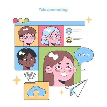 Telecommuting concept with a diverse team engaged in a virtual meeting. Sharing 스톡 일러스트
