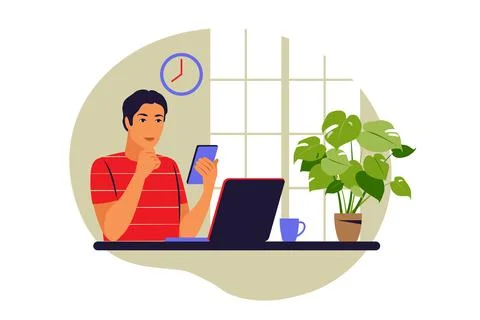 Telecommuting concept. Freelancer working from home. Vector illustration. Fla Stock Illustration