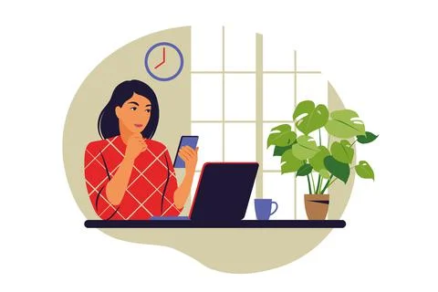 Telecommuting concept. Freelancer working from home. Vector illustration. Fla Stock Illustration