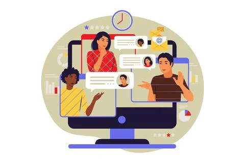 Telecommuting concept. Team discussing ideas through online meeting. Vector i Stock Illustration