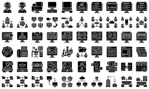 Telecommuting or remote work solid icon set, vector illustration Stock Illustration
