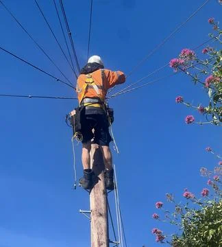 Telecoms engineer at the top of a telegraph pole Stock Photos