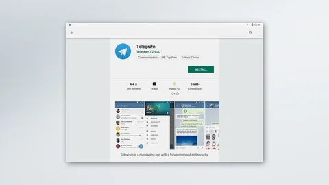 Telegram top messenger app installation process on Android from Google Play Stock Footage 114138657