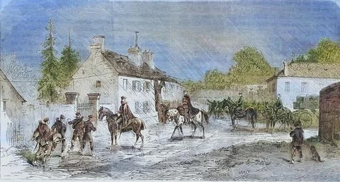 Telegraph field work in Grand Templan illustrated war history German French war Ilustración de archivo