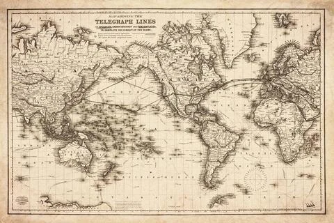 Telegraph Lines World Map 1858 Stock Illustration