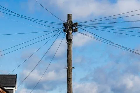 Telegraph pole with many cables Stock Photos