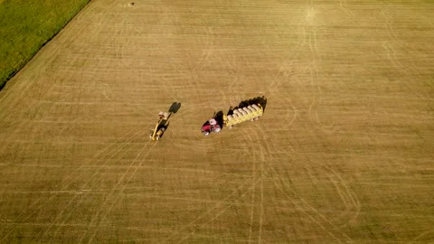 Telehandler loading bales onto truck, taking hay round bales from field Stock Footage 245700668