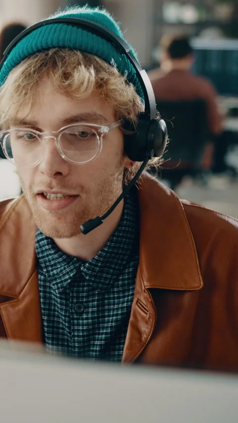 Telemarketing, computer and man in call center, speaking or communication for Stock Footage 338091731