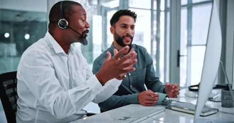 Telemarketing, computer and team with headset in business, laughing and planning Stock Footage 336309792