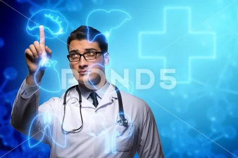 Telemedicine concept with doctor pressing virtual buttons Stock Photos