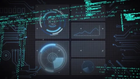 Telemetry dash starting descending green code, panels streaming, HUDs rotating, Stock Footage 320916076