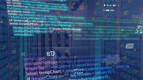 On telemetry spike server racks showing code overlays, hex nodes pulsing to show Stock Footage 332625446