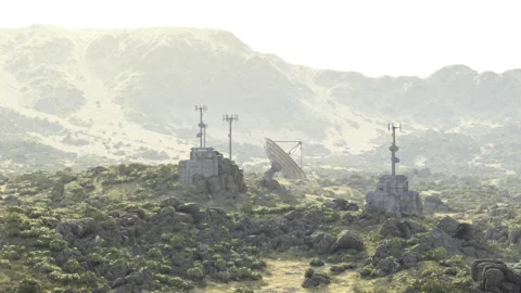 Telemetry system distributed across mountainous valley with communication masts Vídeo Stock 333555896