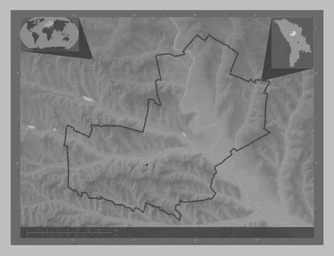 Telenesti, Moldova. Grayscale elevation map with lakes and rivers Stock Illustration