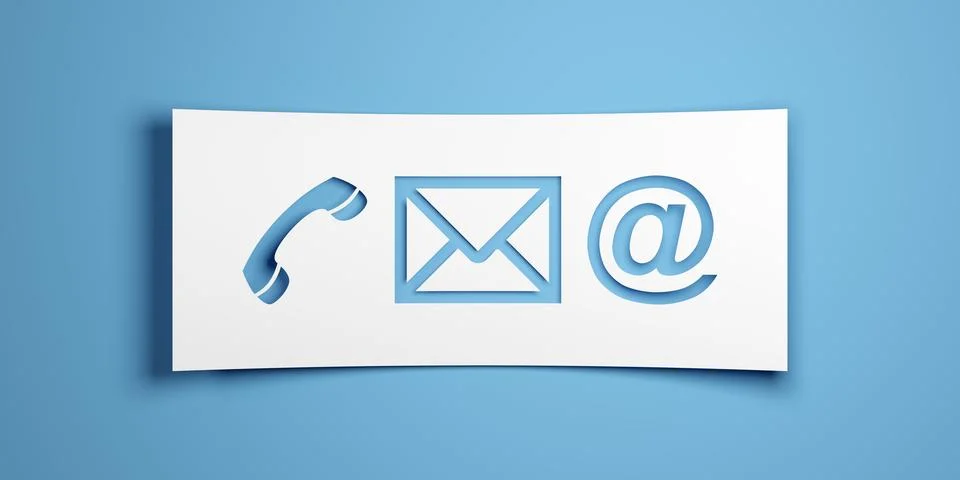 Telephone, envelope letter and e-mail symbols whte paper cut-out on blue ba.. Stock Illustration