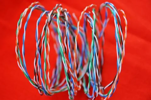 Telephone or computer network cable twisted pair twisted into a spiral. On re Stock-Fotos